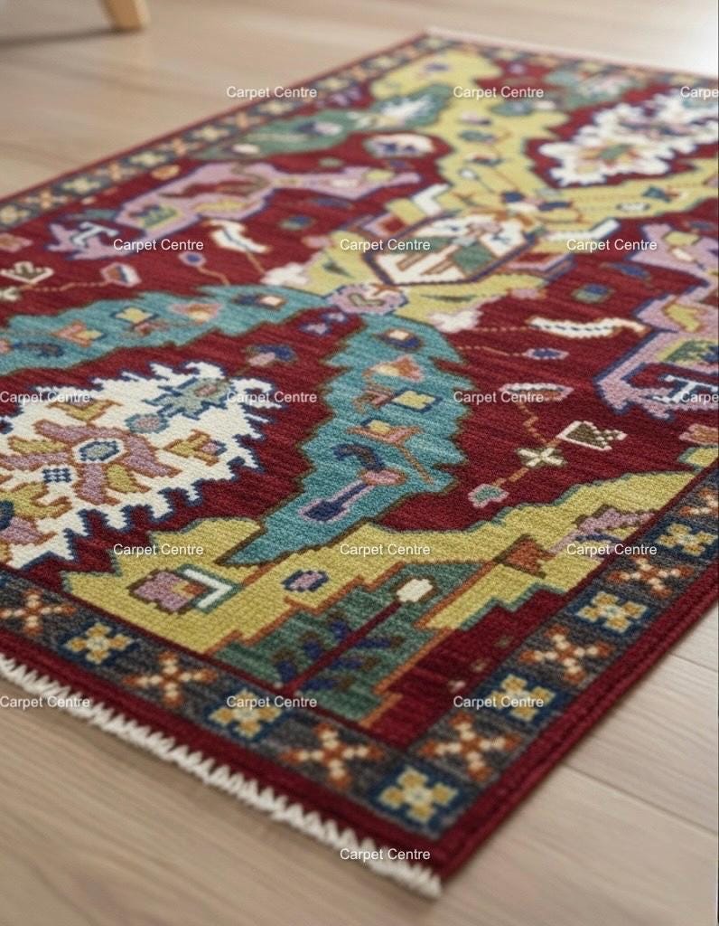 Red Oushak Rug, Hand-Knotted Wool, Geometric Kilim Design