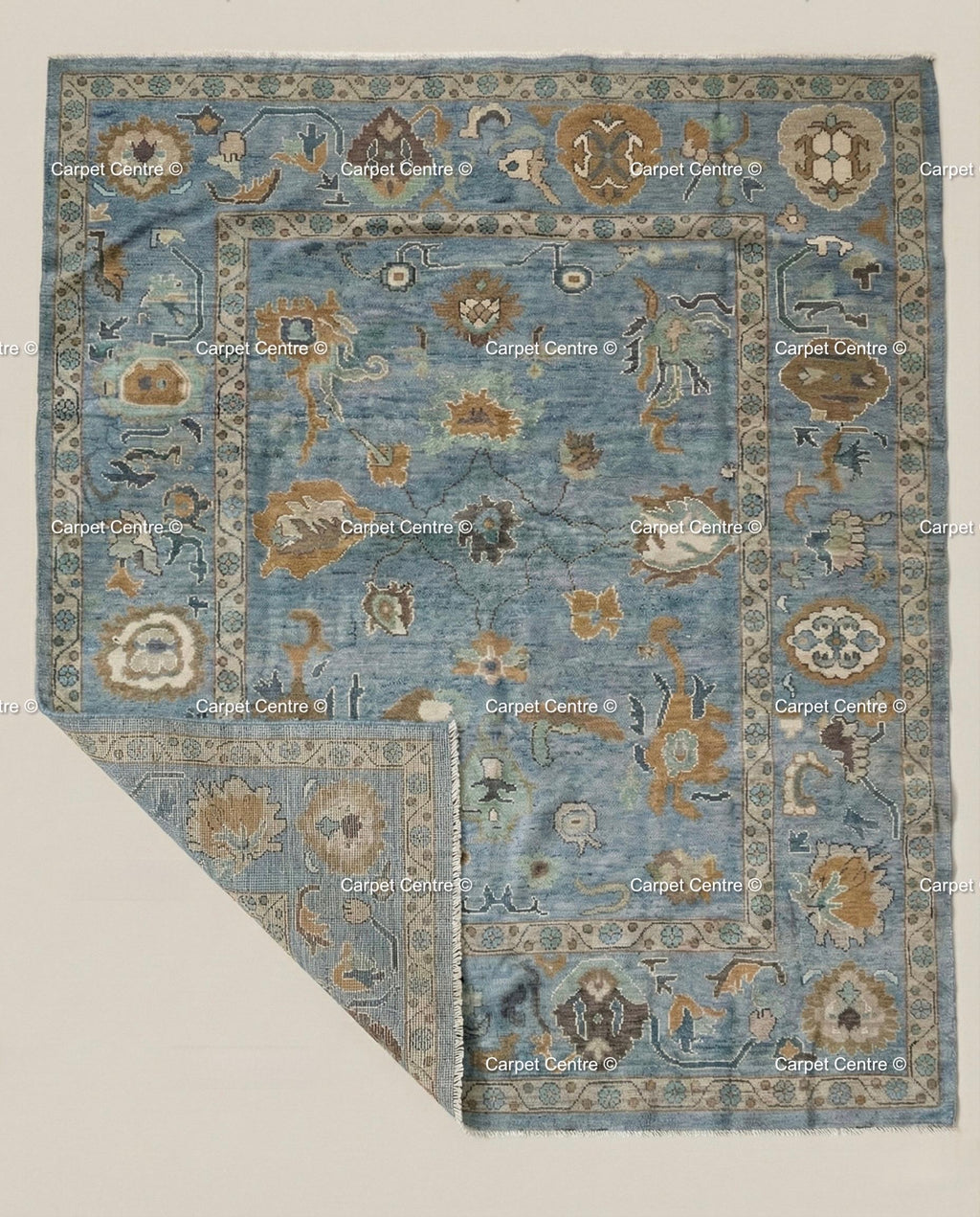 Sky Blue Wool Rug, Hand-Knotted Turkish Oushak, Floral Design
