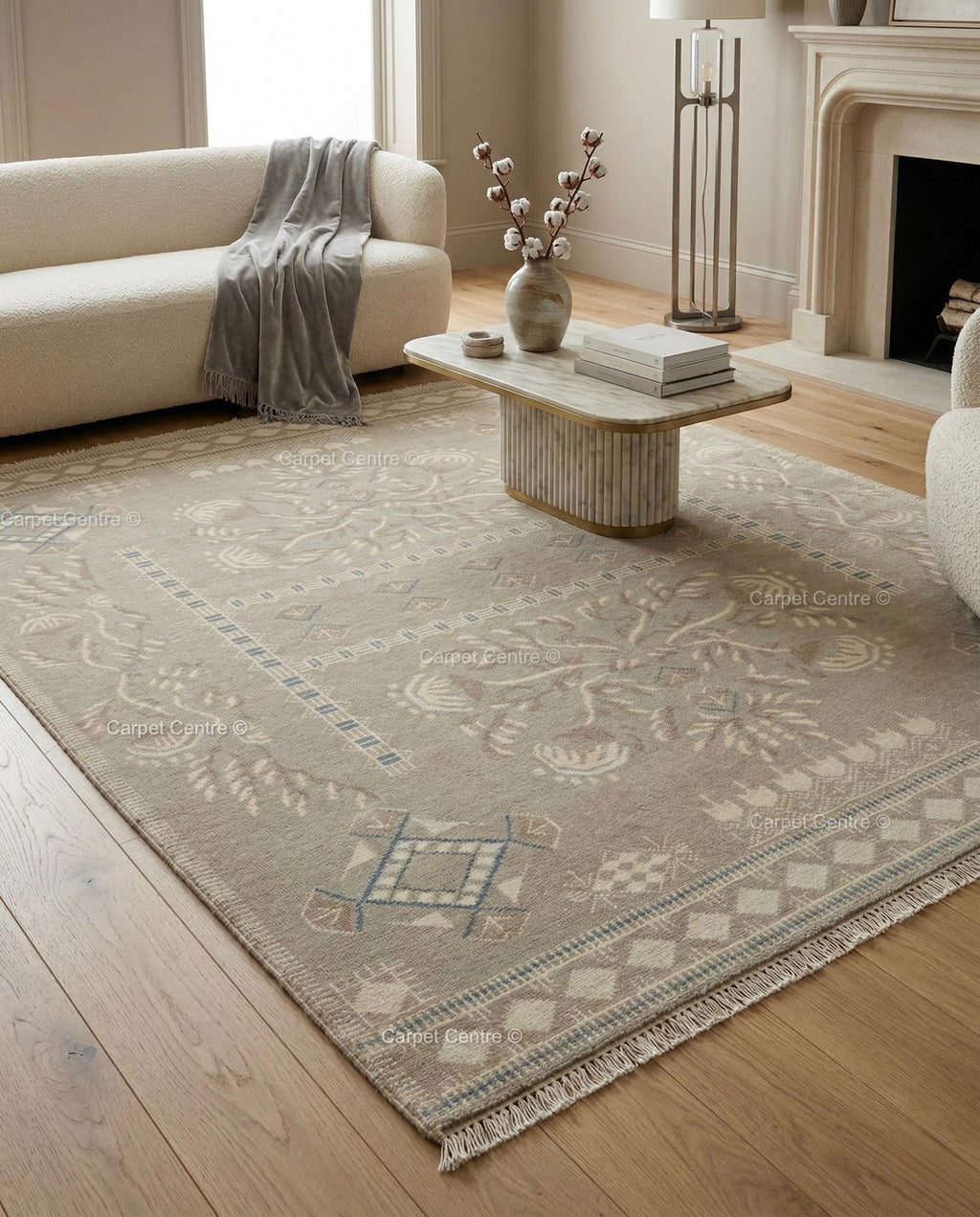 Hand Knotted Oushak Rug, Muted Taupe Geometric Wool Carpet, Boho Living Room Decor