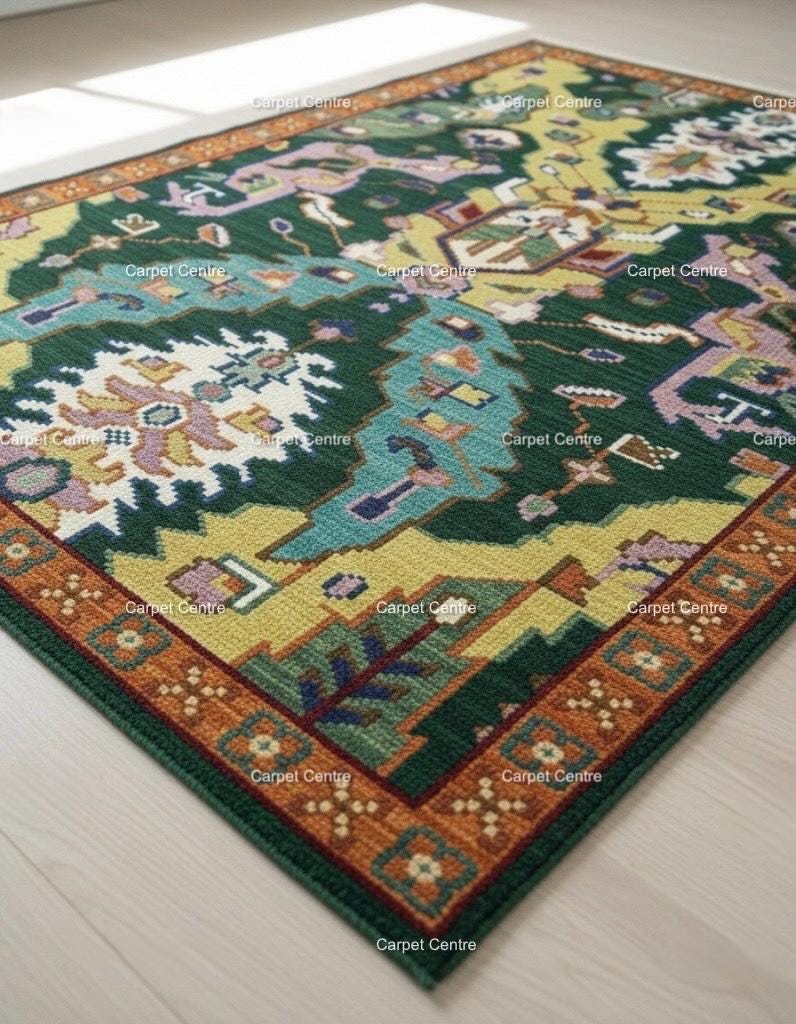 Green Oushak Rug, Hand-Knotted Wool Geometric Kilim Rug, Boho Decor