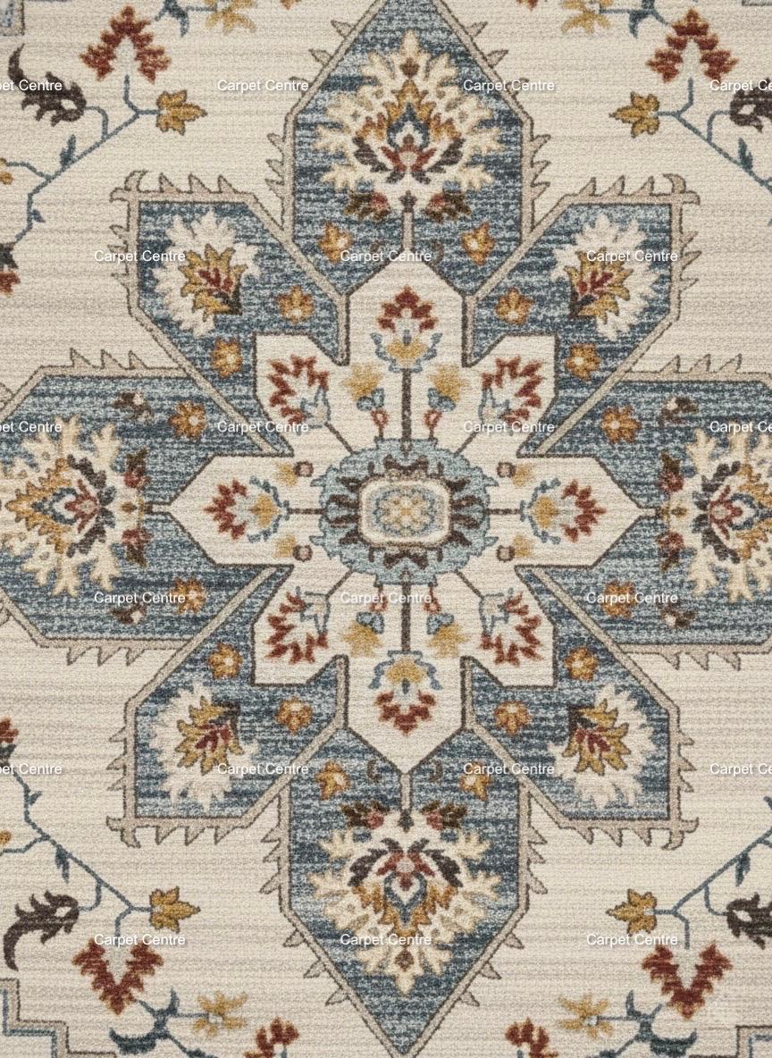 Hand-Knotted Wool Oushak Rug, Beige & Blue Medallion, Persian Style