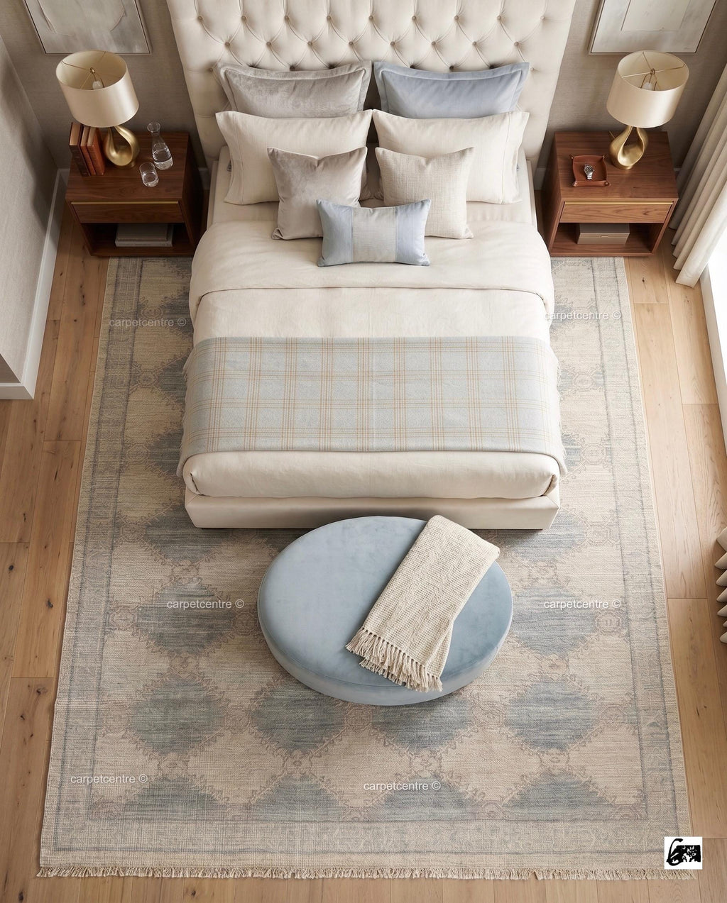 Muted Blue Oushak Rug, Hand-Knotted Wool Geometric Diamond Area Rug