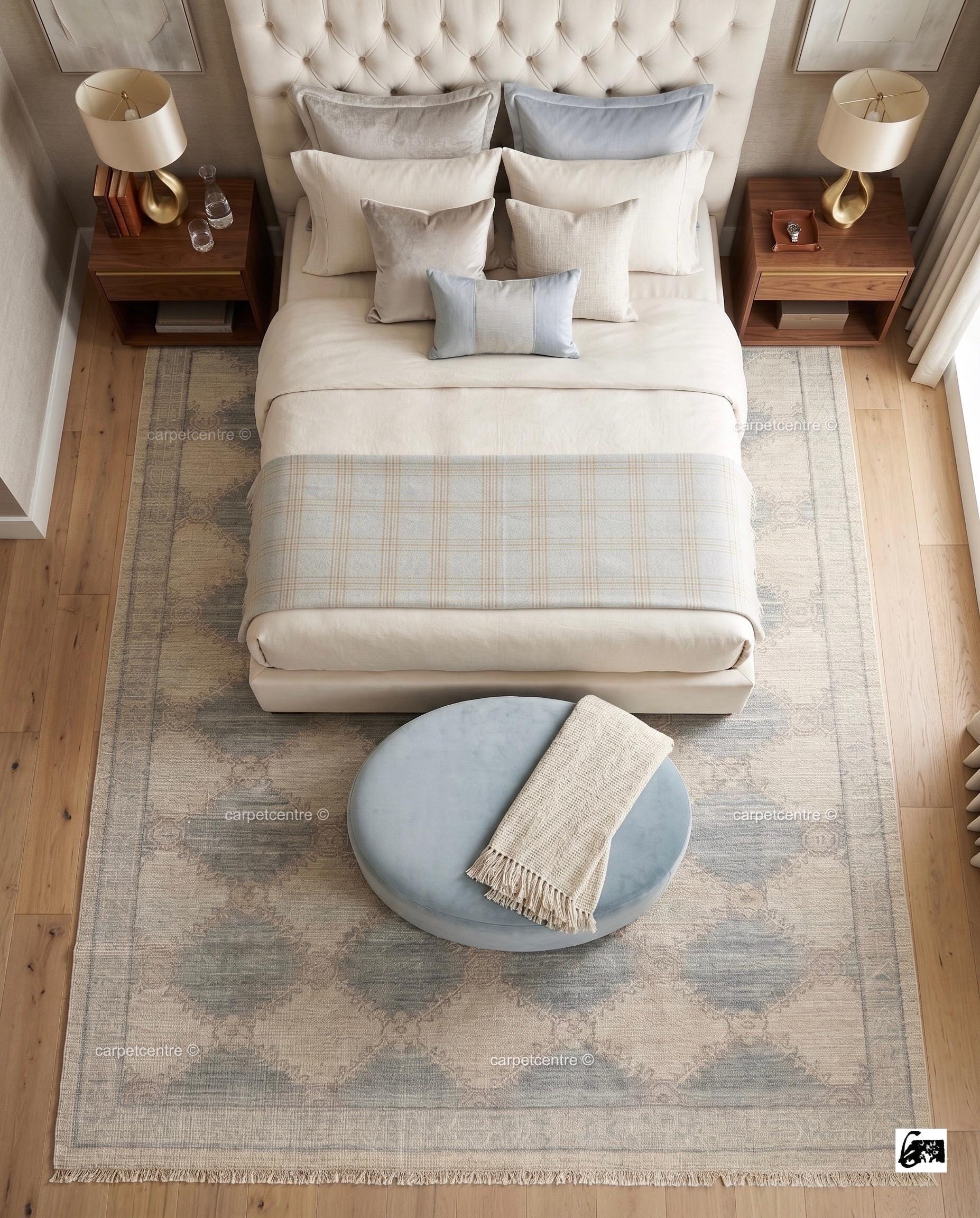 Muted Blue Oushak Rug, Hand-Knotted Wool Geometric Diamond Area Rug
