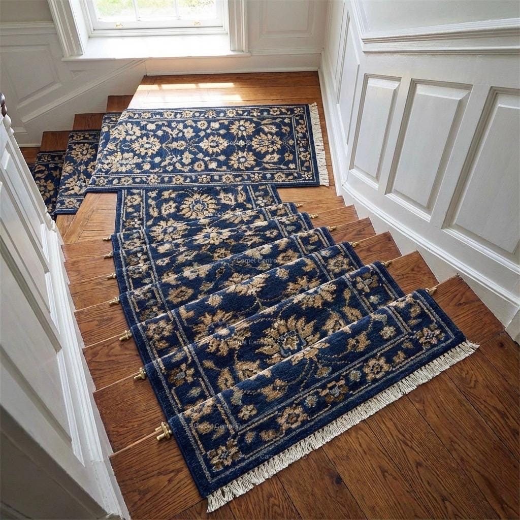 Hand-Knotted Wool Runner Rug | Navy Blue Oushak Floral Hallway Carpet