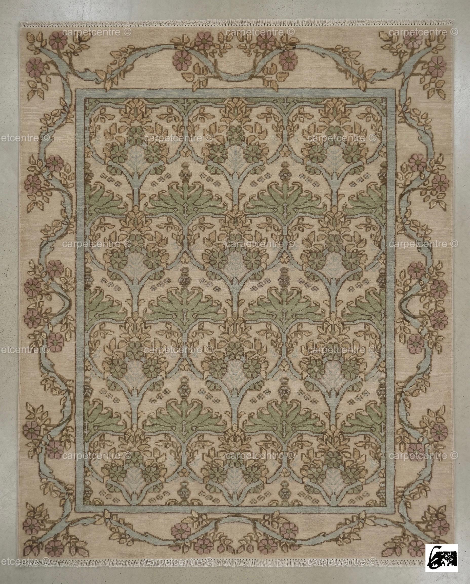 Muted Floral Botanical Oushak Rug | Sage Green Beige Wool Carpet | French Country Cottagecore Home
