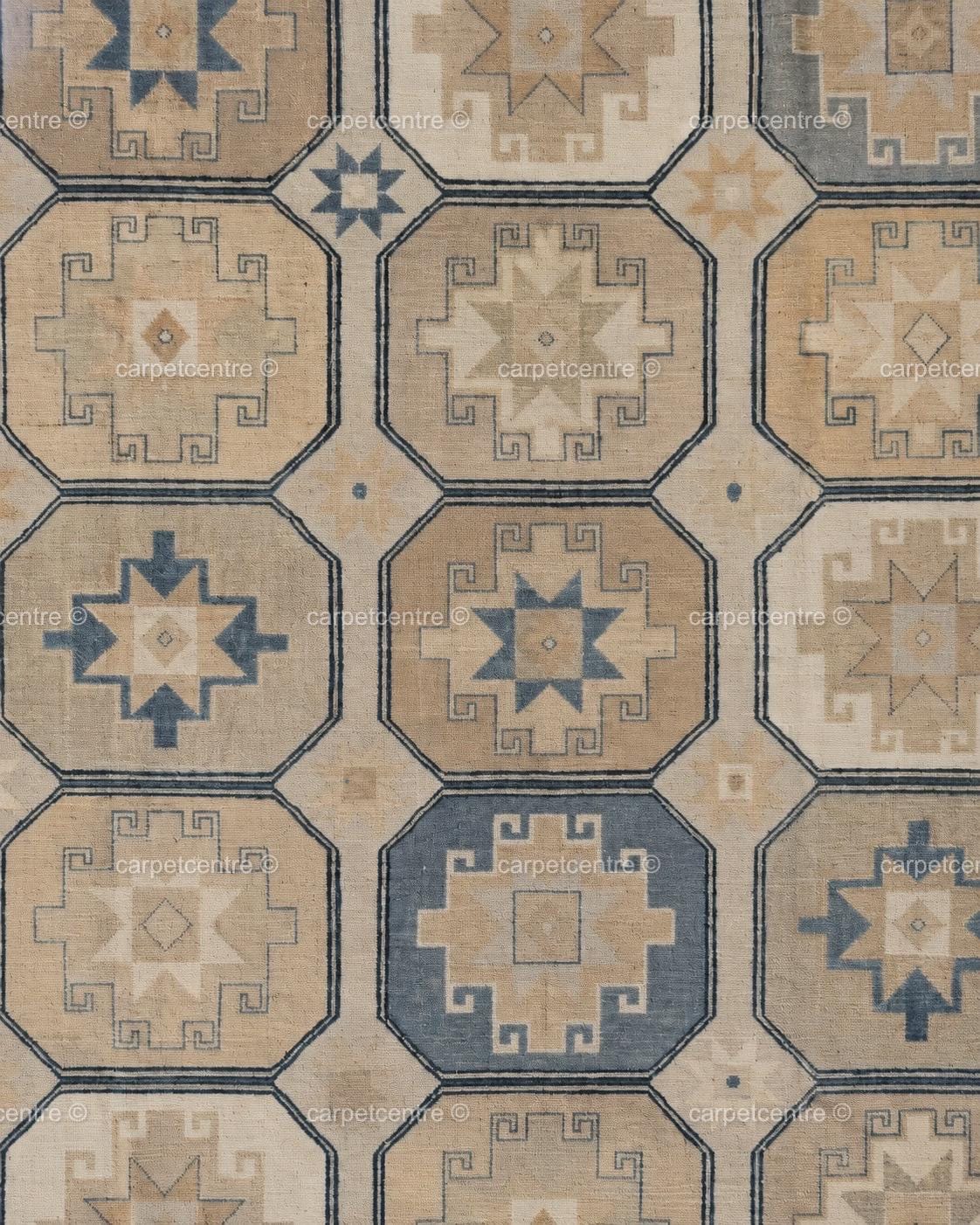 Geometric Oushak Rug | Muted Beige, Tan, Slate Blue Turkish Area Rug | Farmhouse Boho Style