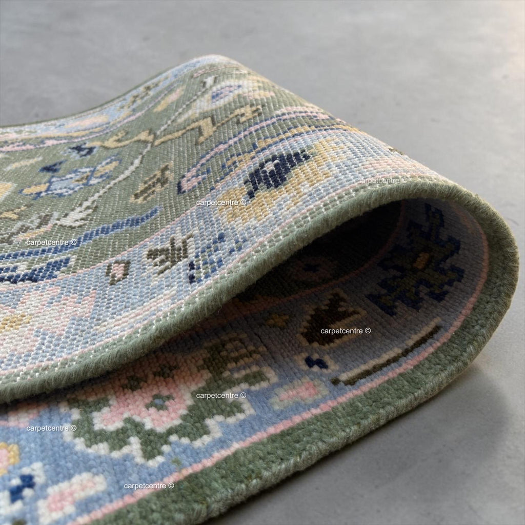 Sage Green Oushak Wool Runner, Floral Hallway Rug, Boho Kitchen Mat