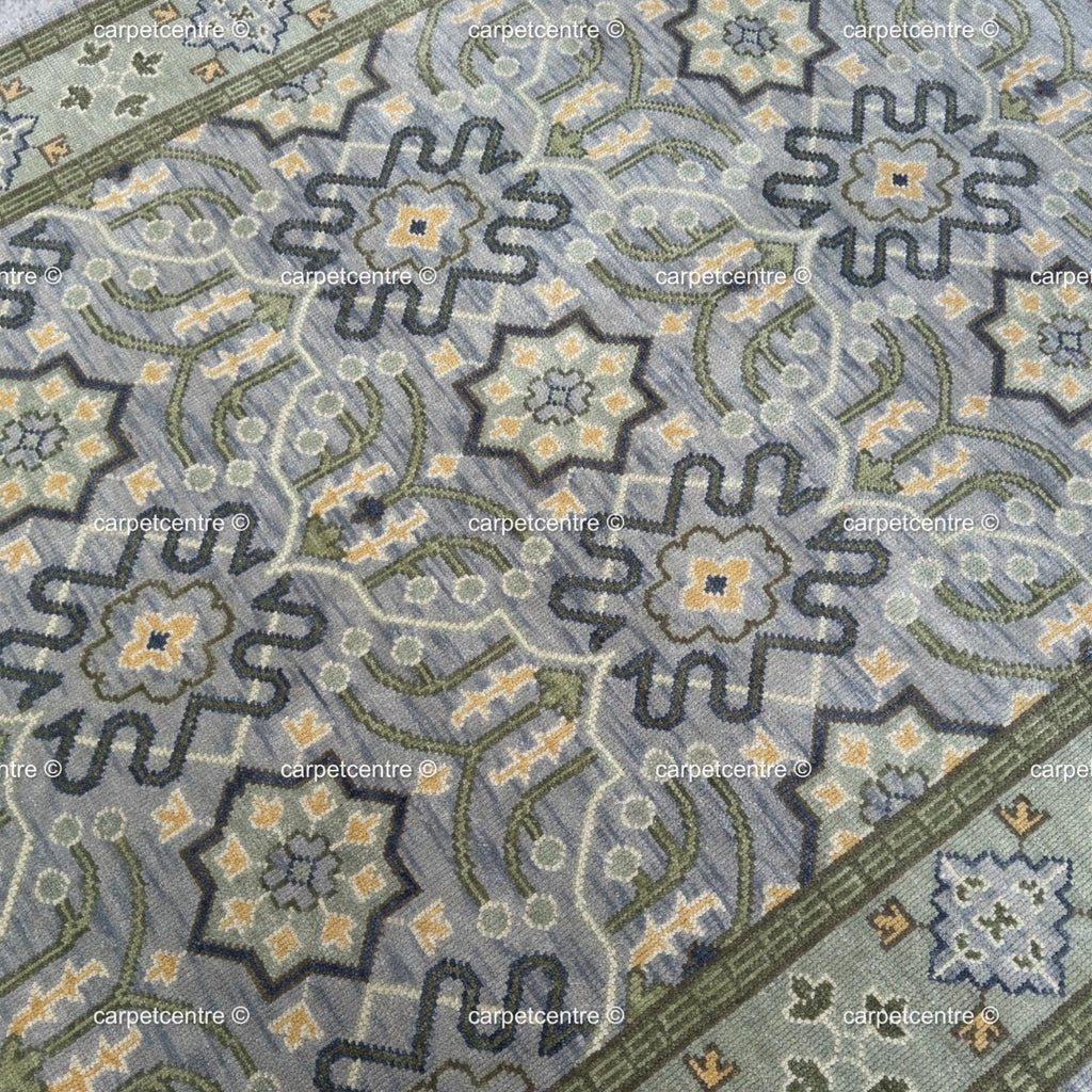 Hand Knotted Oushak Wool Rug | Sage Green Geometric Design