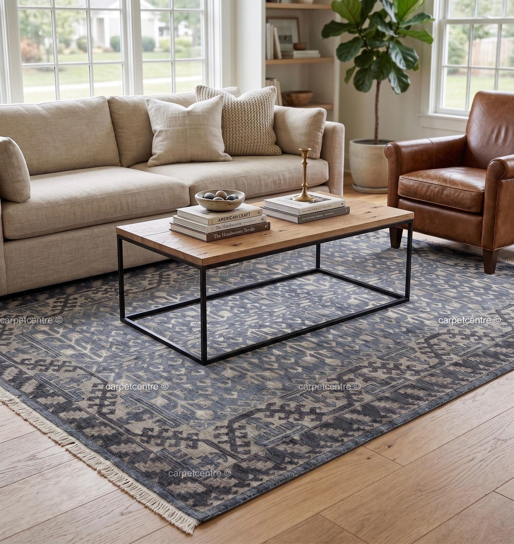 Hand Knotted Oushak Rug: Blue Tribal Wool, Turkish Design, Living Room Area Carpet