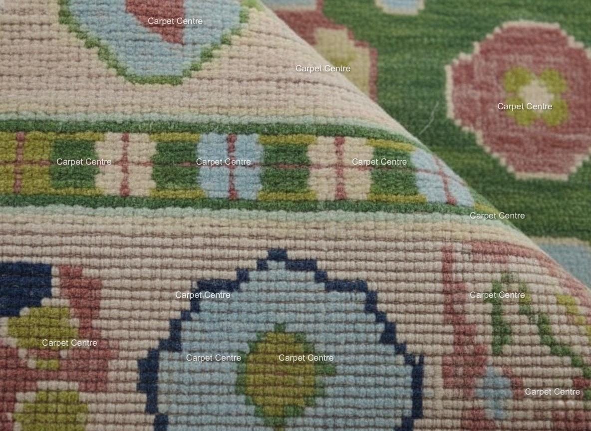 Handmade Oushak Wool Rug: Aqua Blue & Sage Green, Abstract Design