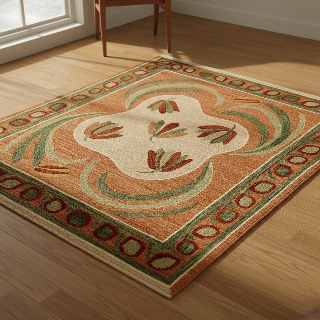 Handwoven Oushak Wool Rug: Terracotta Sage Green Floral Medallion