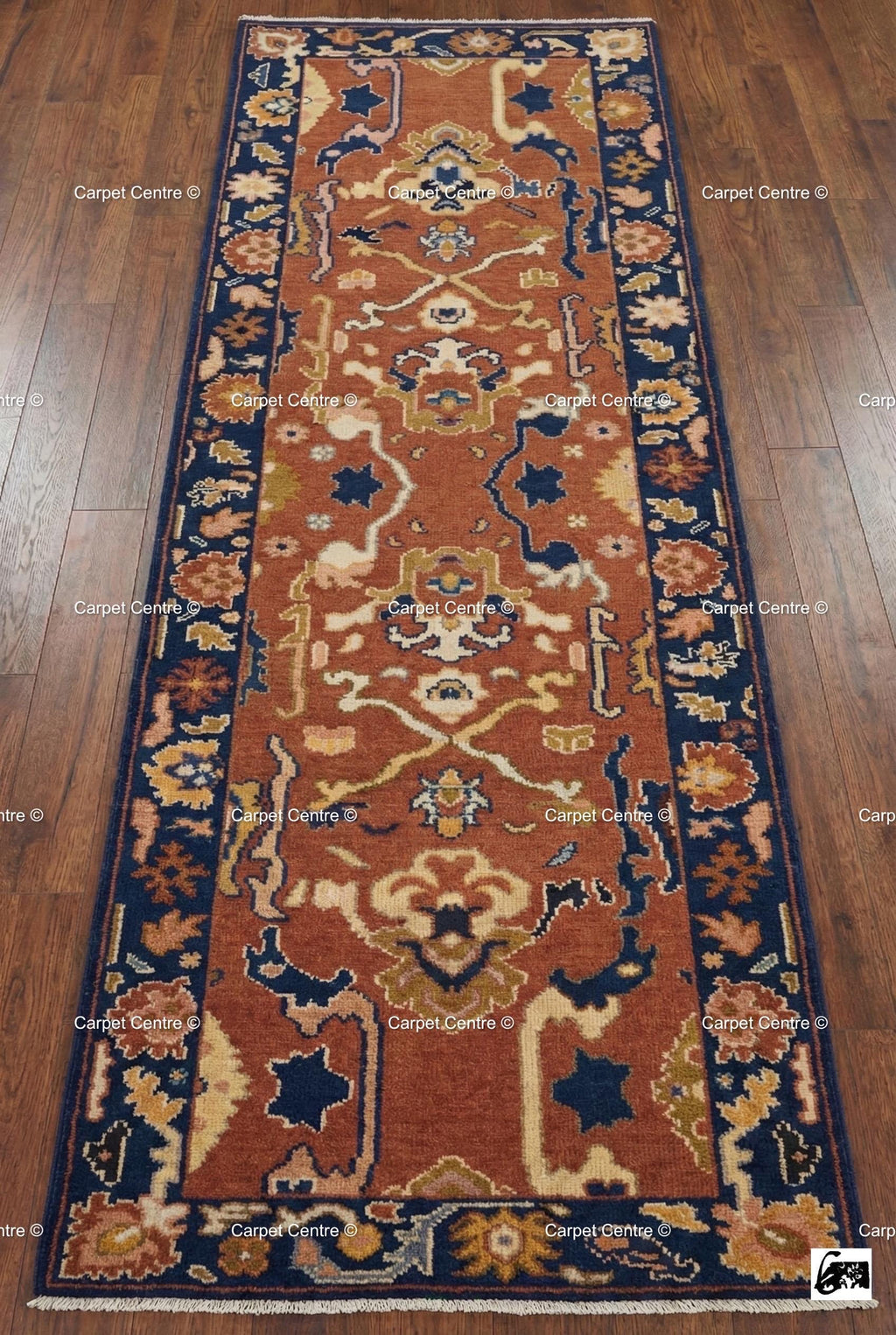 Hand Knotted Wool Runner Rug, Rust Navy Geometric Oushak, Boho Southwestern Decor