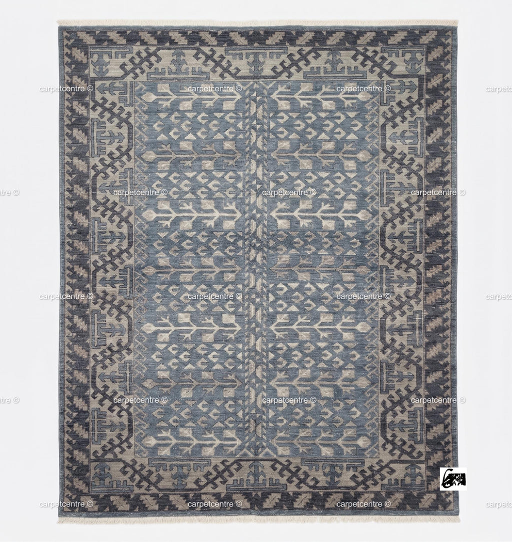 Hand Knotted Oushak Rug: Blue Tribal Wool, Turkish Design, Living Room Area Carpet