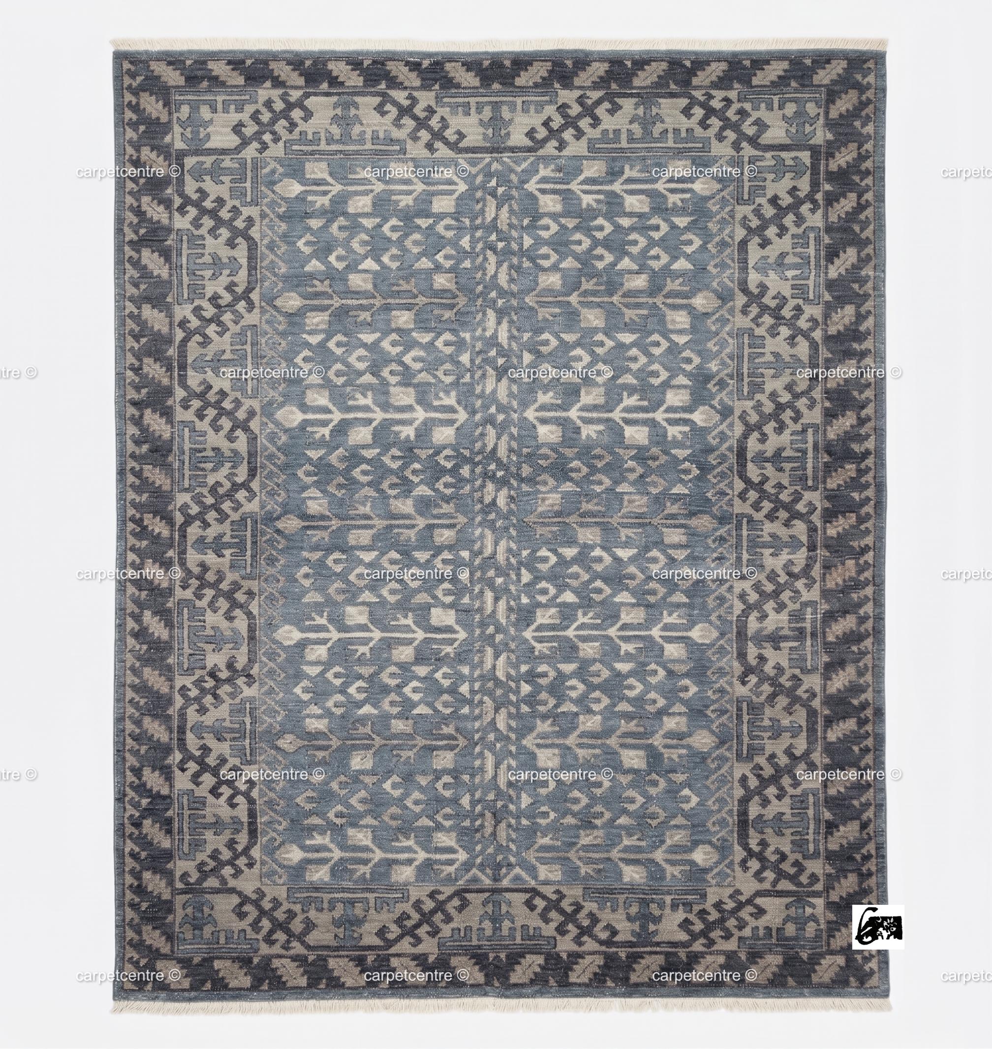 Hand Knotted Oushak Rug: Blue Tribal Wool, Turkish Design, Living Room Area Carpet