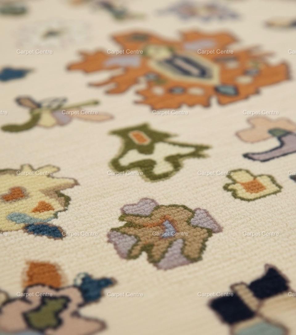 Hand-Knotted Ivory Oushak Wool Rug, Colorful Boho Floral, 8x10