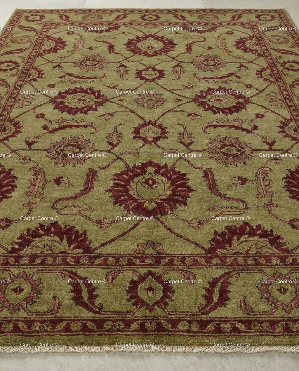 Hand-Knotted Wool Oushak Rug, Sage Green Floral, Arts & Crafts Style