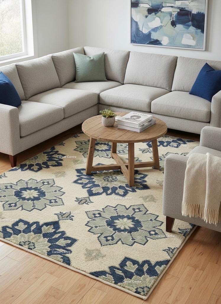 Handmade Ivory Oushak Wool Rug, Navy Blue & Sage Green Floral