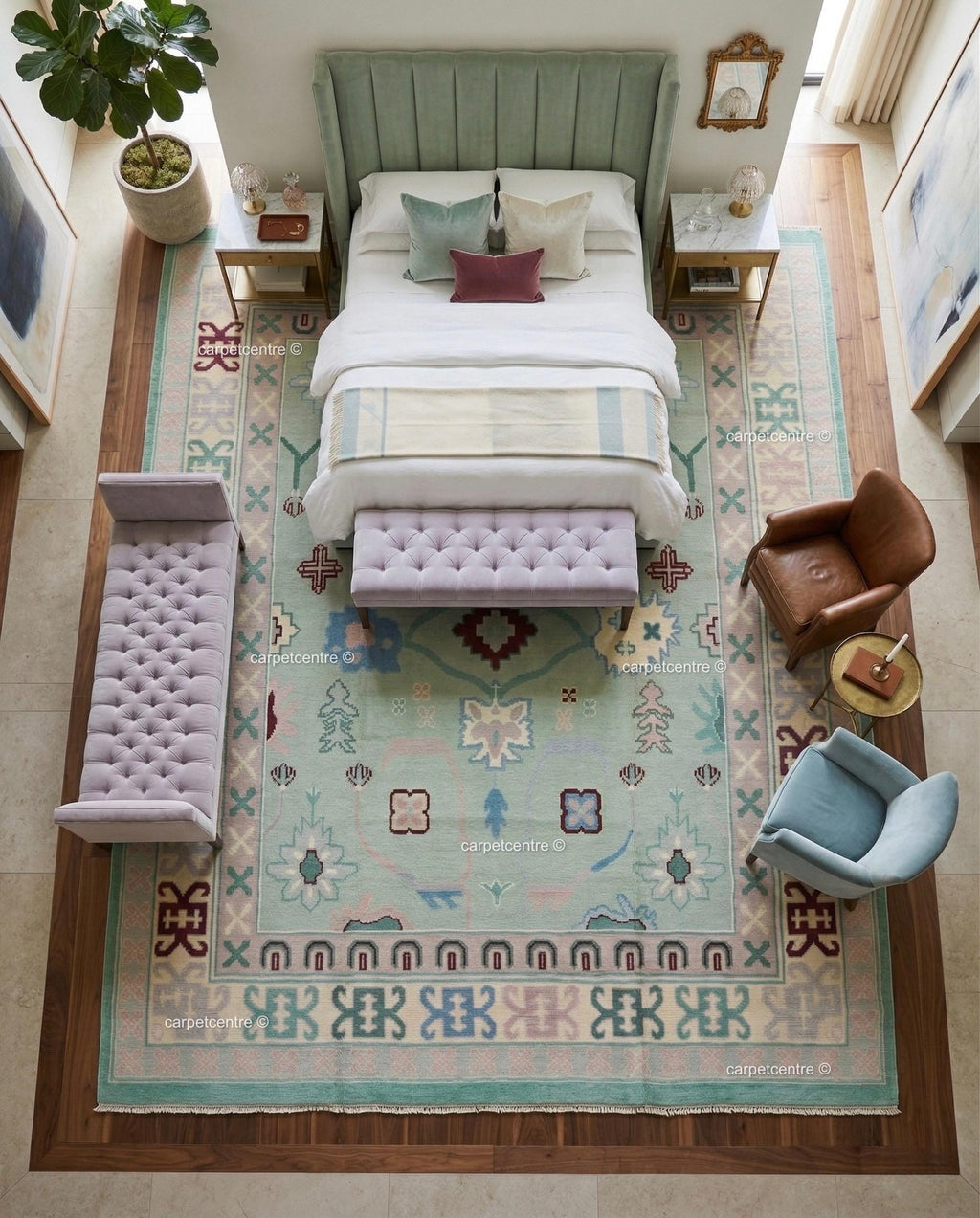 Mint Green Oushak Rug, Seafoam Pastel Turkish Floral Geometric Carpet