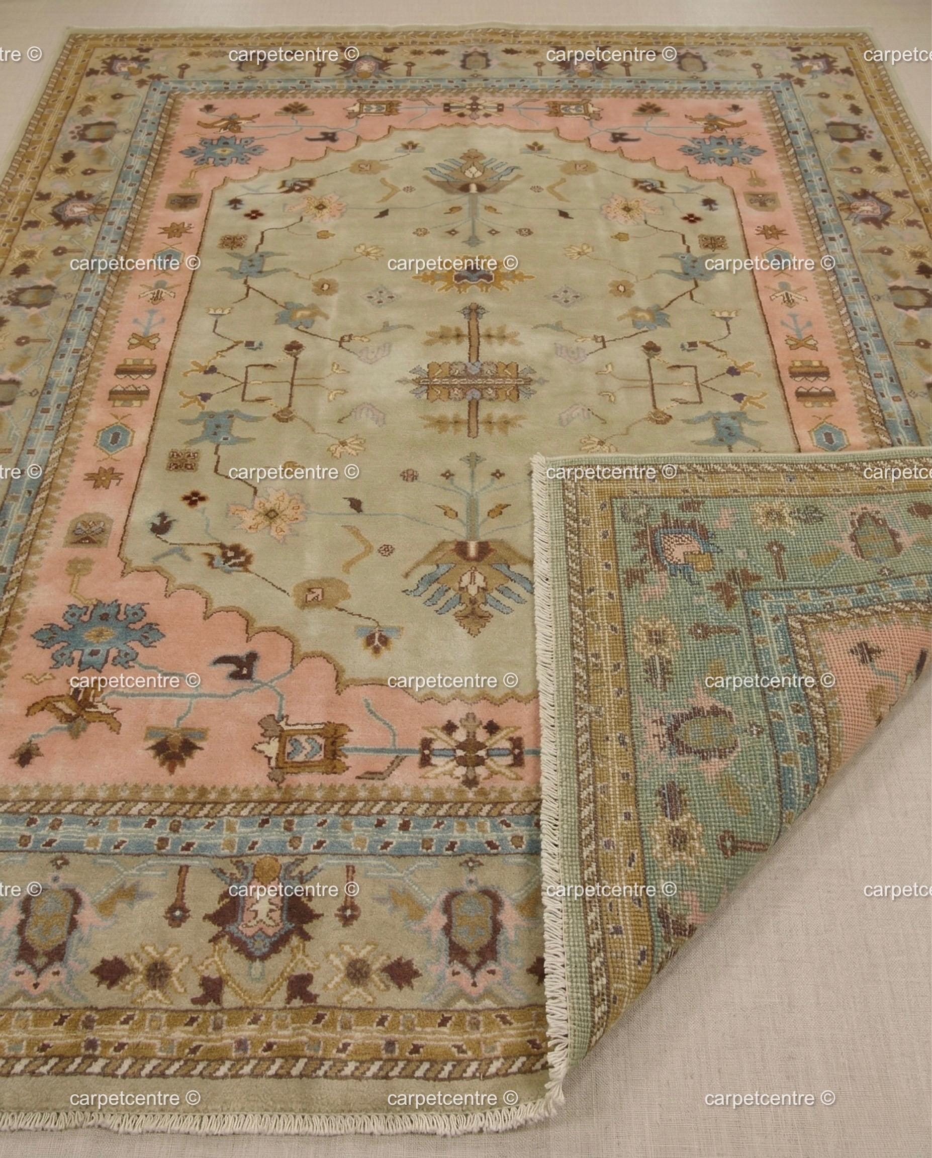 Sage Green Oushak Rug, Muted Peach Floral Geometric Carpet, Boho Nursery Bedroom Decor