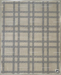 Hand Knotted Wool Oushak Rug, Slate Blue Chain Link Plaid, Transitional Greige Carpet
