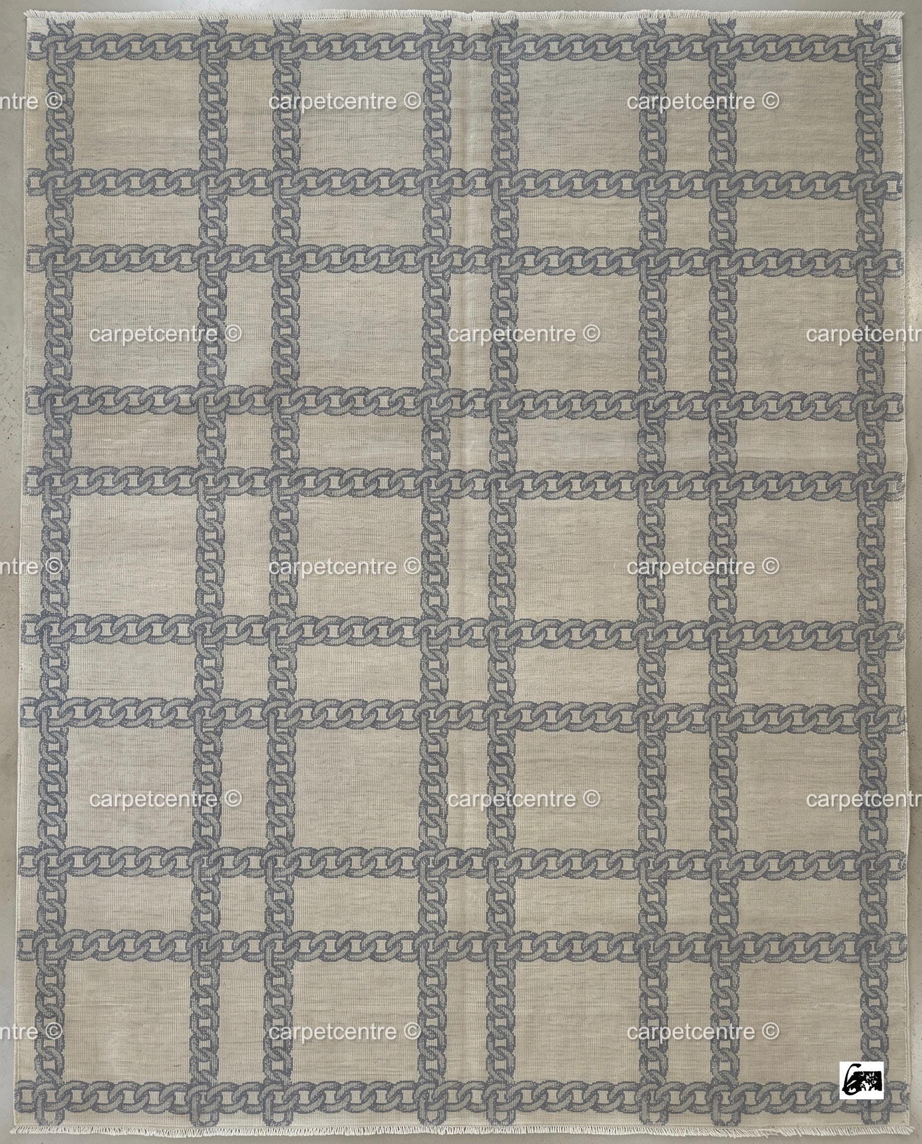 Hand Knotted Wool Oushak Rug, Slate Blue Chain Link Plaid, Transitional Greige Carpet