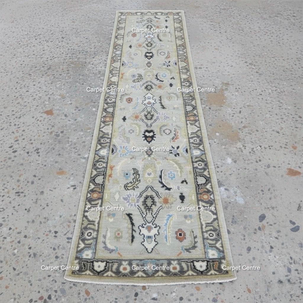 Hand-Knotted Oushak Wool Runner Rug: Neutral Sage Green Medallion Design