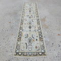 Hand-Knotted Oushak Wool Runner Rug: Neutral Sage Green Medallion Design