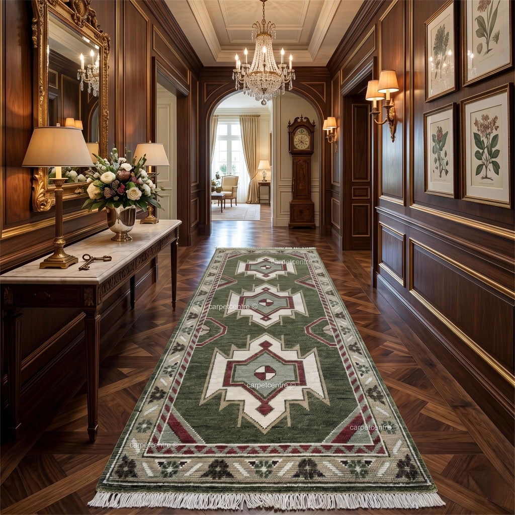 Hand-Knotted Wool Oushak Runner Rug, Olive Green Geometric Design