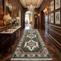 Hand-Knotted Wool Oushak Runner Rug, Olive Green Geometric Design