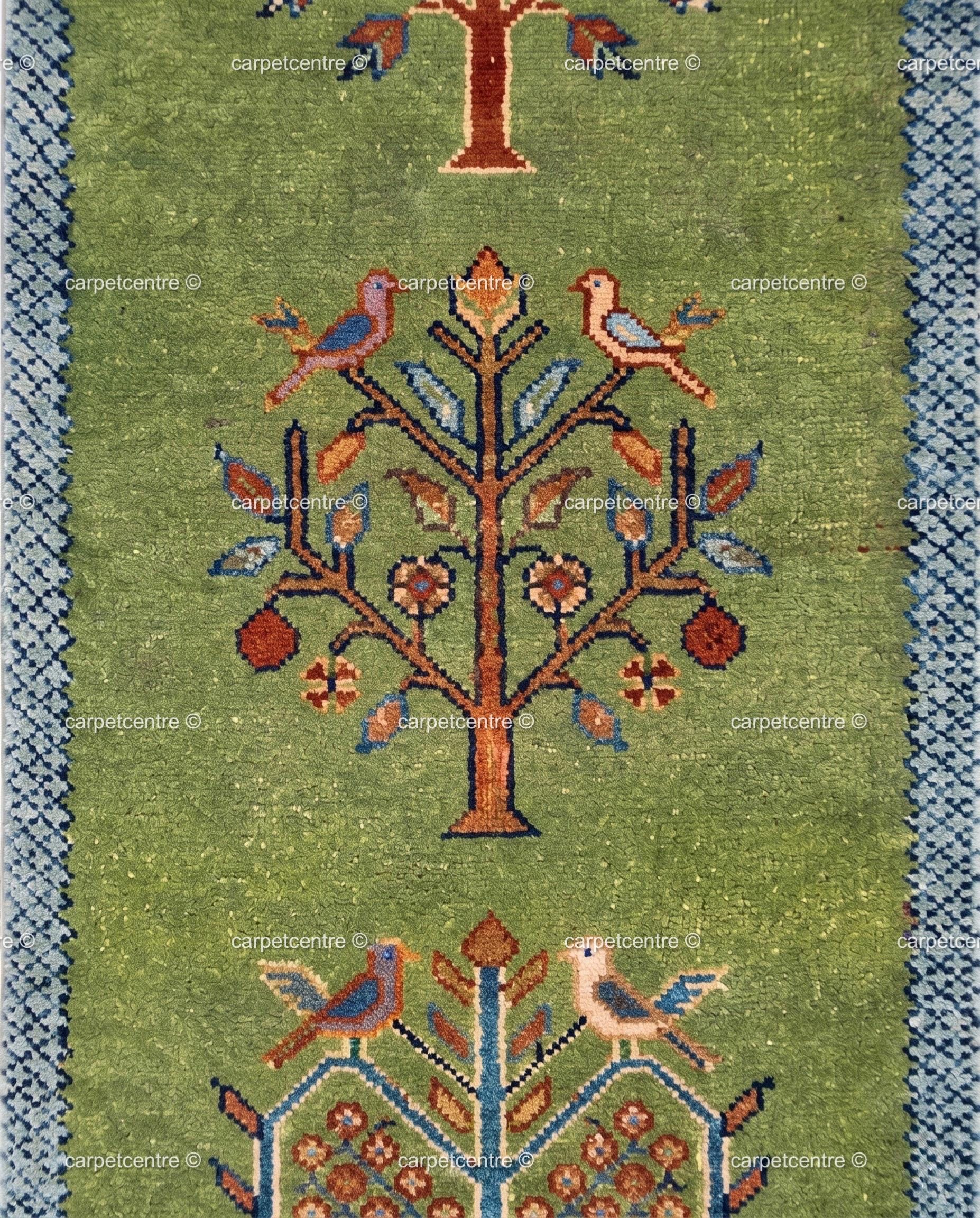 Green Wool Tribal Tree Runner Rug – Bird Motif Folk Art Hallway Carpet