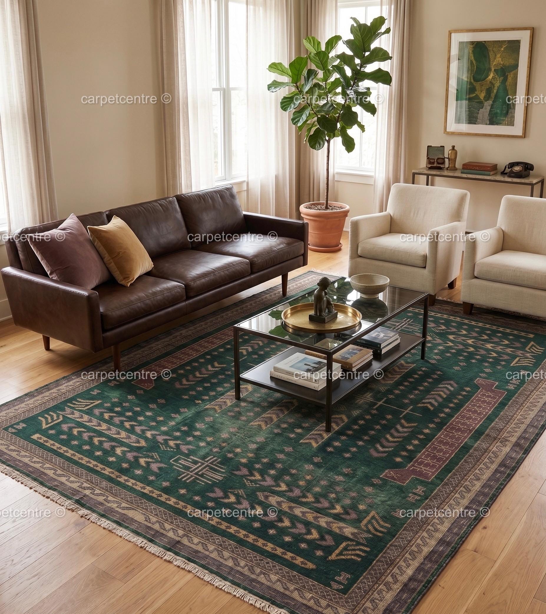 Vintage Oushak Rug | Emerald Geometric Wool Carpet | Distressed Tribal Boho Decor