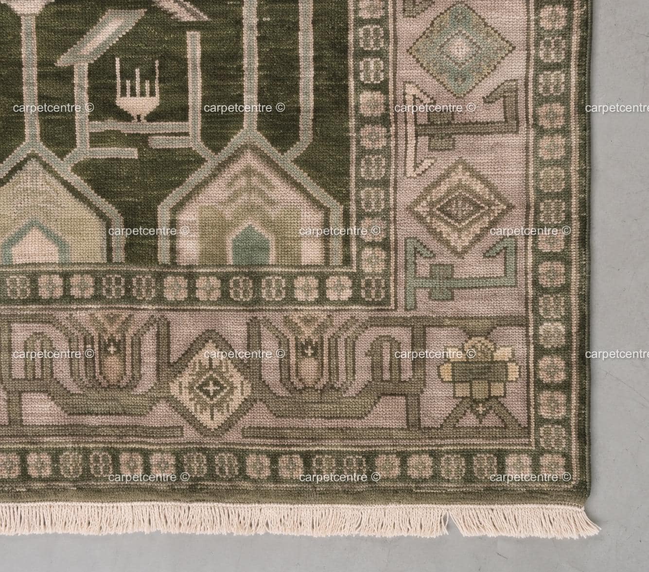 Hand Knotted Oushak Rug, Olive Green Wool, Geometric Tribal Anatolian Carpet