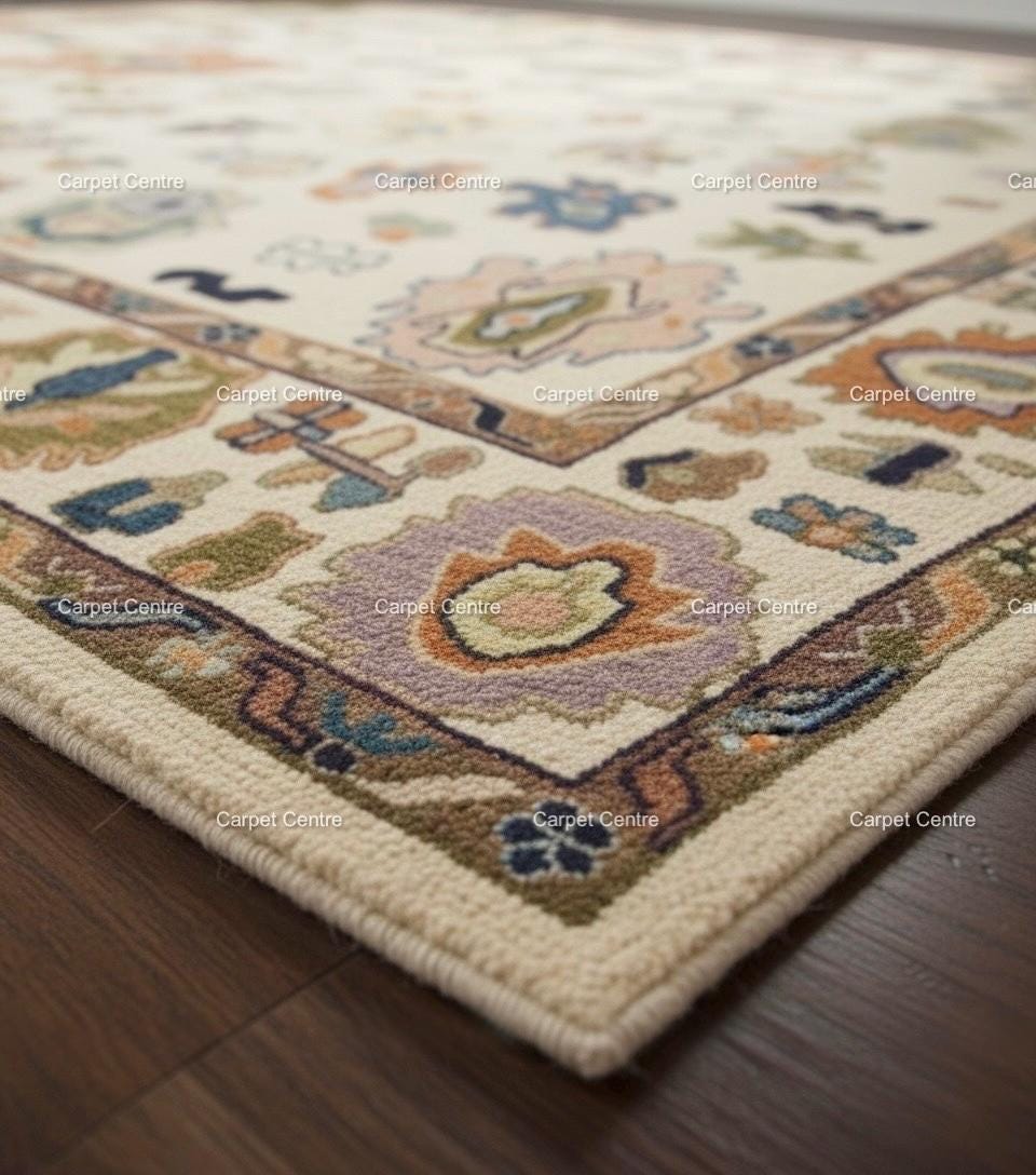 Hand-Knotted Ivory Oushak Wool Rug, Colorful Boho Floral, 8x10