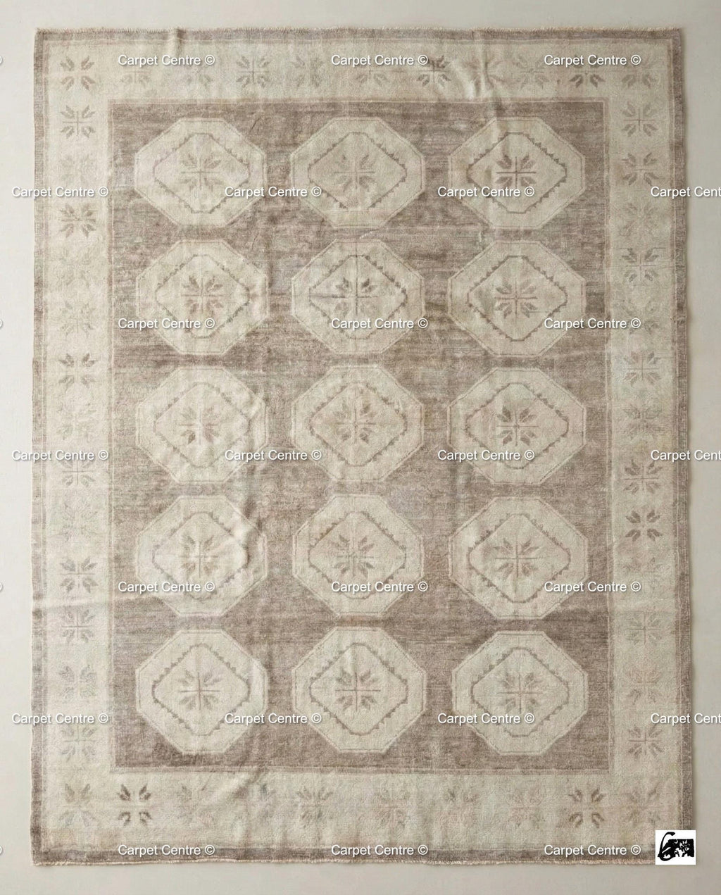 Neutral Geometric Oushak Rug | Hand-Knotted Wool Turkish Knot