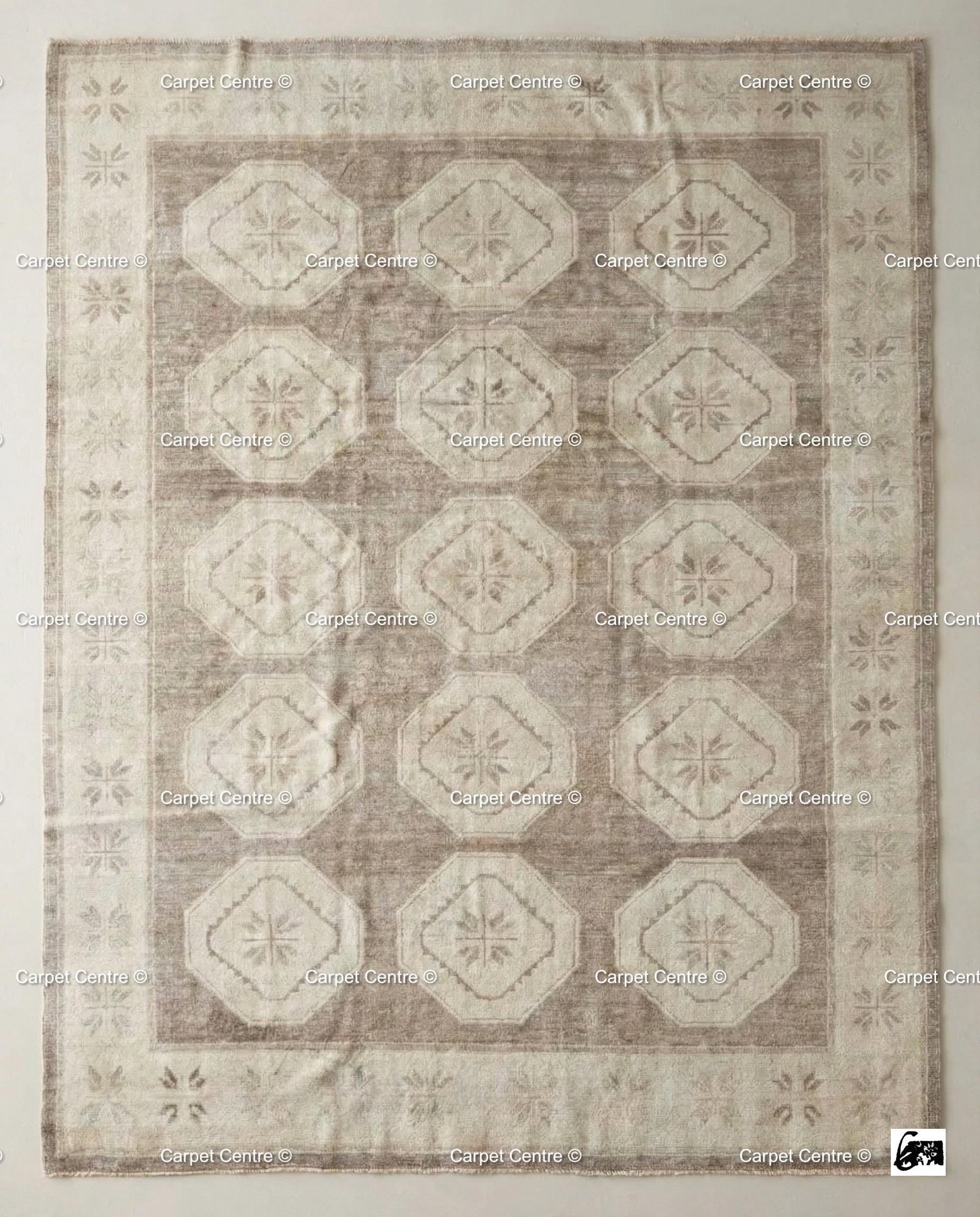 Neutral Geometric Oushak Rug | Hand-Knotted Wool Turkish Knot
