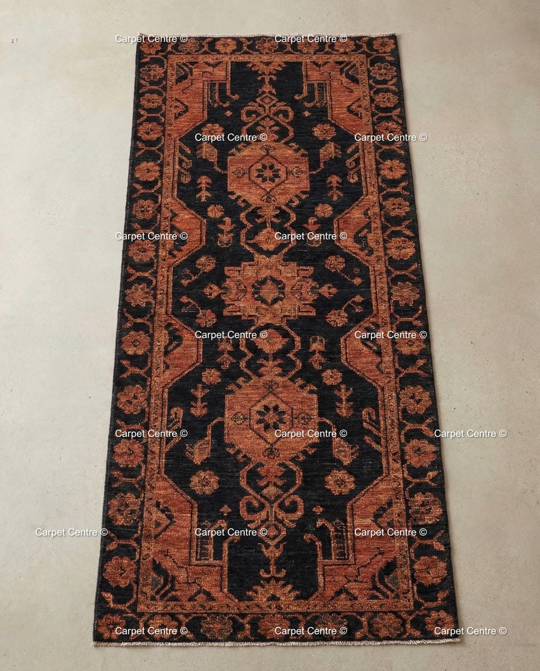 Hand Knotted Oushak Wool Runner, Black & Rust Geometric Hallway Rug