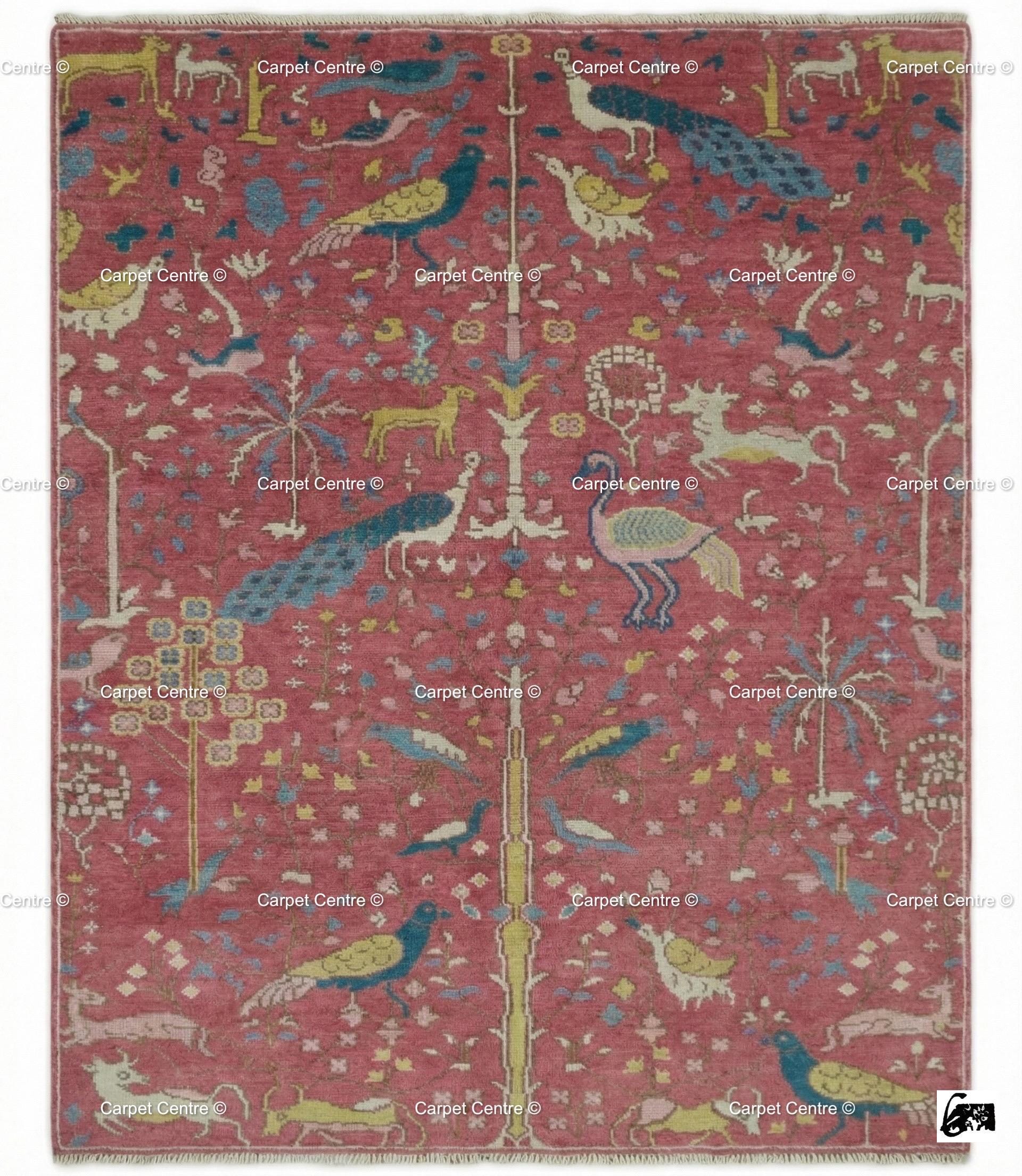 Pink Oushak Rug, Hand Knotted Wool Tree of Life Animal Rug