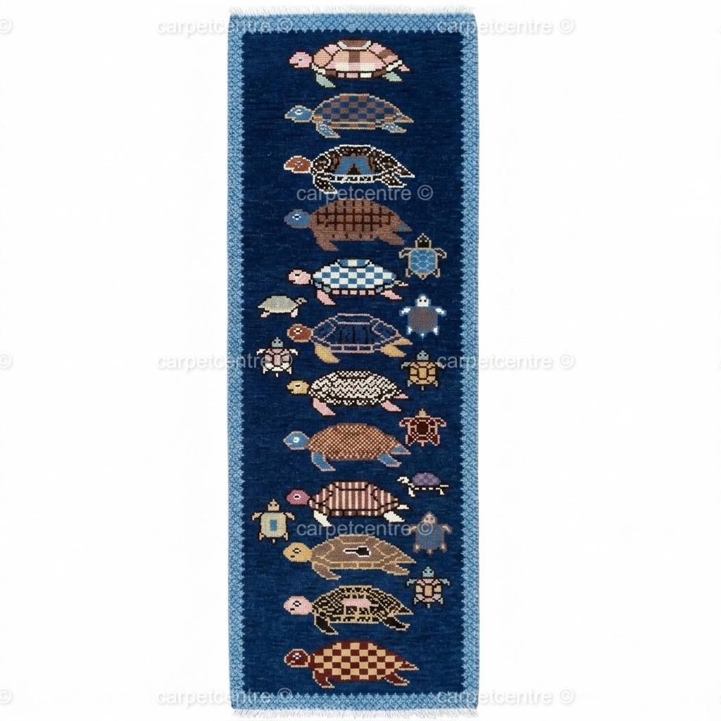 Hand Knotted Turtle Runner Rug, New Zealand Wool Oushak Style Carpet
