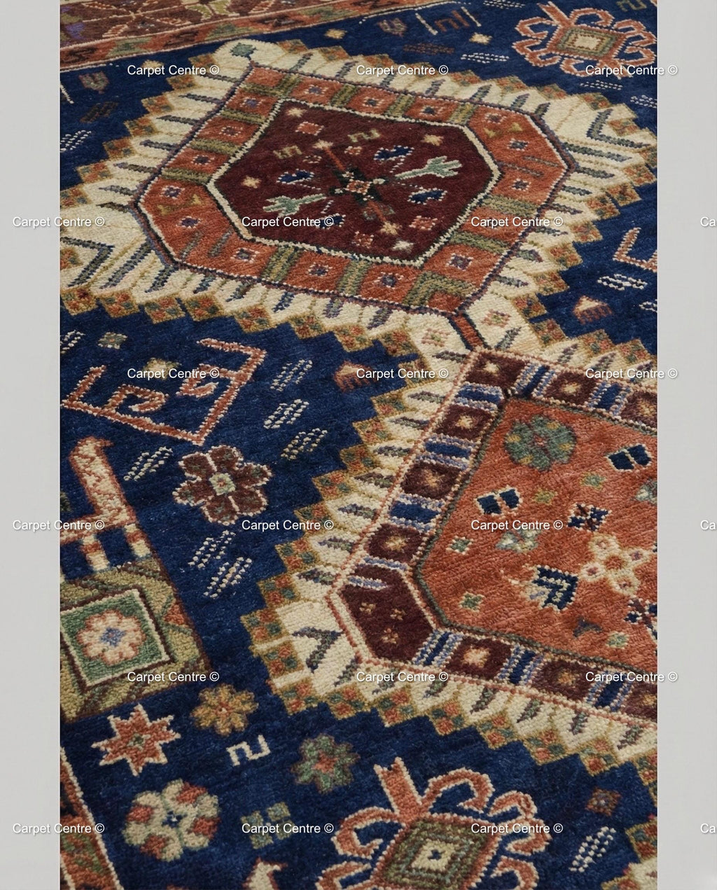 Hand Knotted Wool Oushak Rug – 9x12 Navy Blue & Rust Tribal Medallion