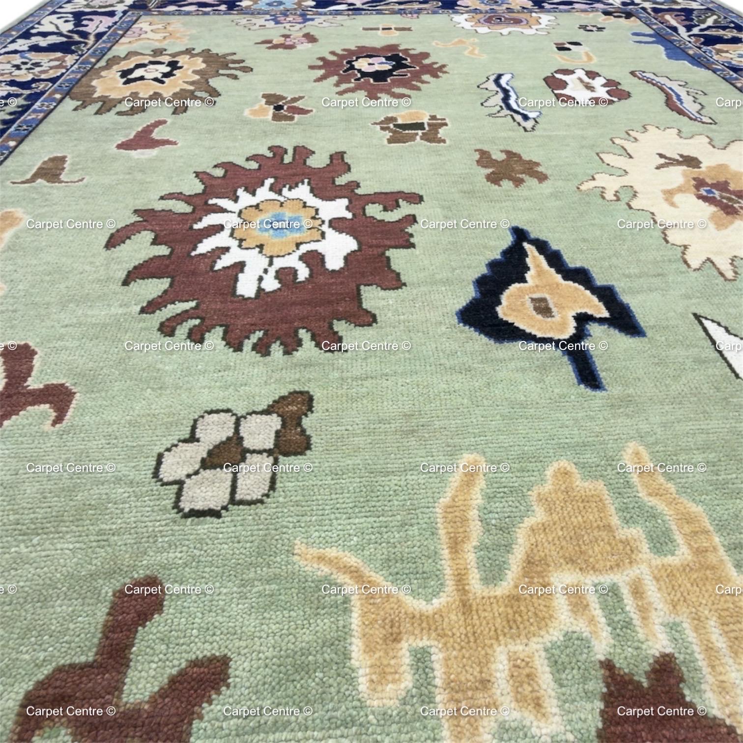 Hand-Knotted Sage Green Oushak Wool Rug, Navy Border, Living Room Decor