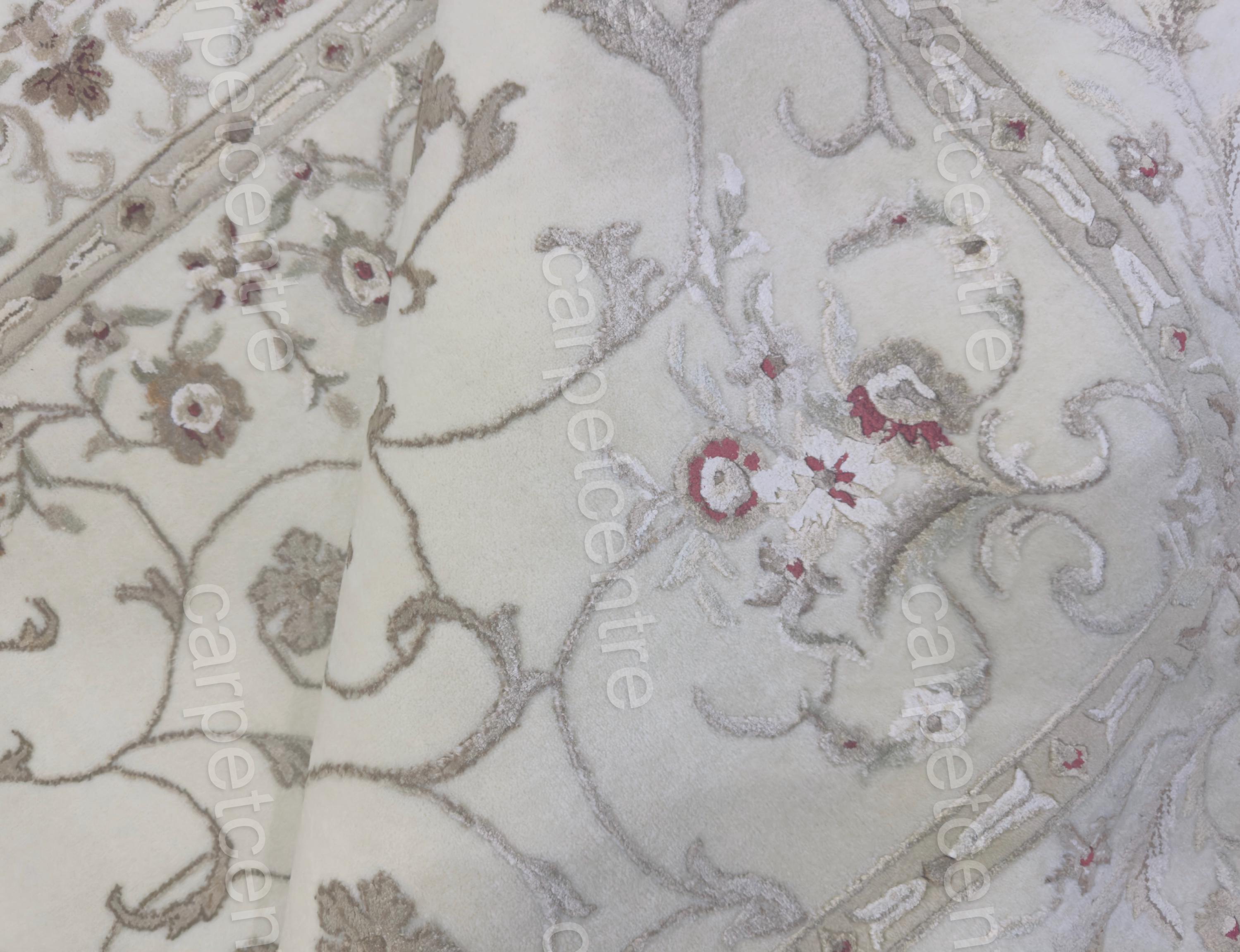 Handwoven Ivory Wool Rug: Persian Floral Art Silk Design
