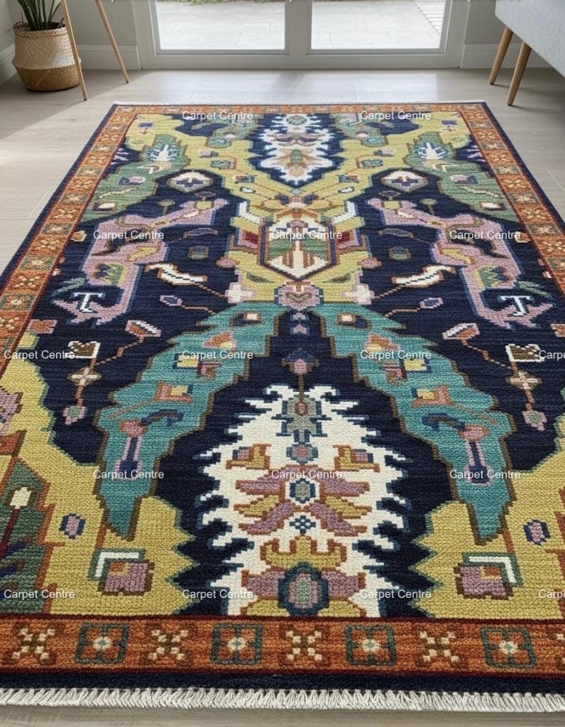 Navy Blue Oushak Rug, Hand-Knotted Wool, Geometric Boho Rug
