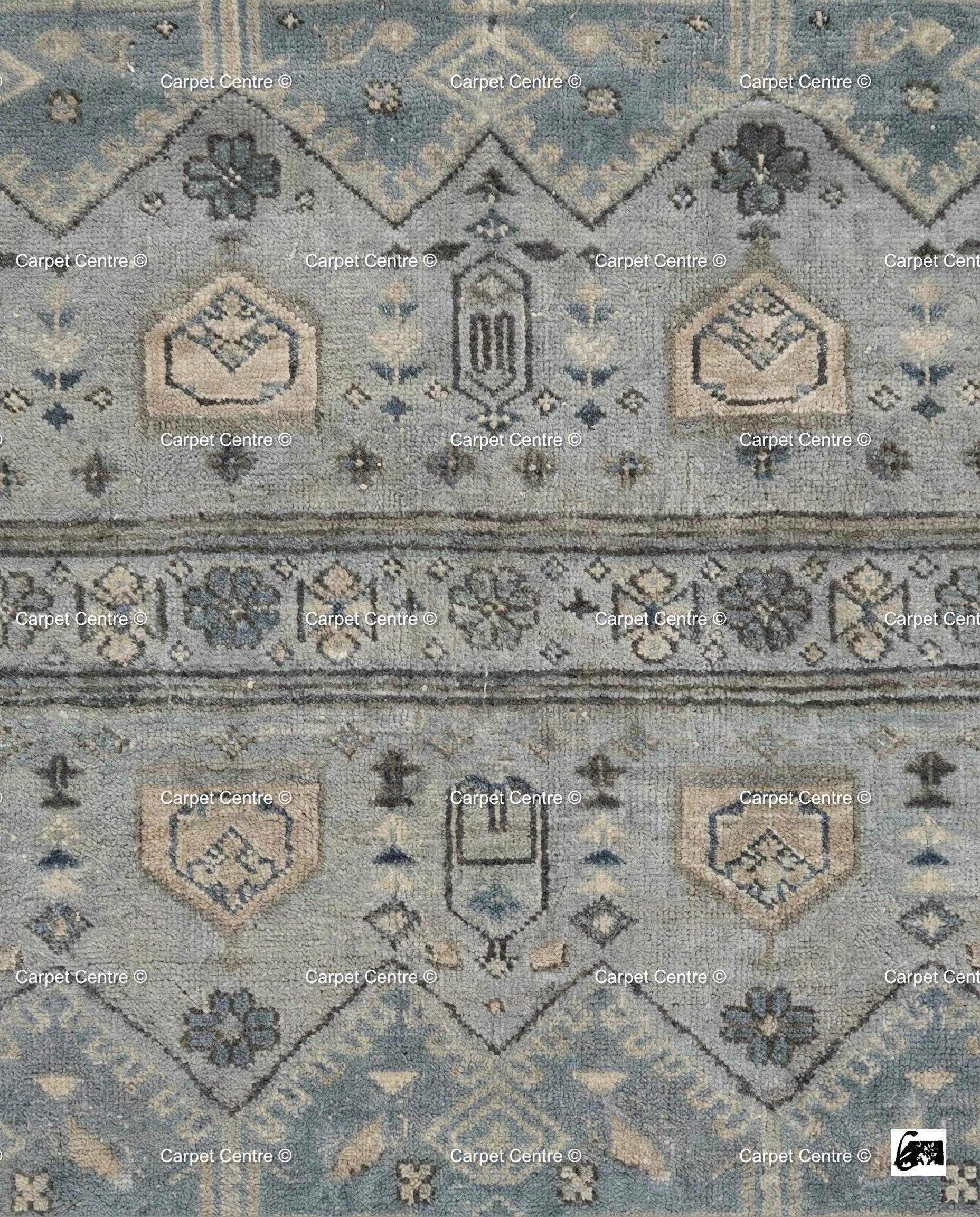 Hand-Knotted Wool Oushak Rug | Slate Blue Geometric Turkish Knot
