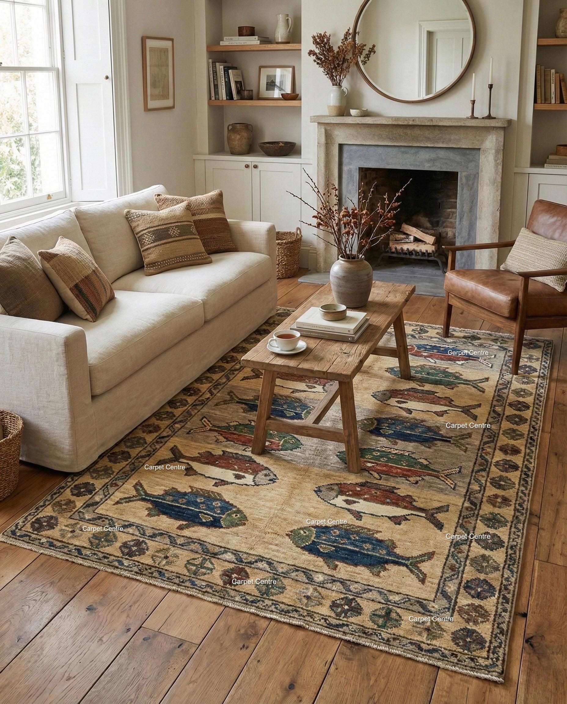 Handmade Wool Fish Rug, Turkish Oushak, Coastal Cabin Decor