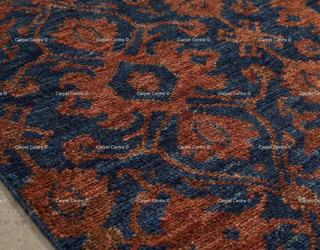 Hand Knotted Wool Rug, Navy Blue Oushak Runner, William Morris Style
