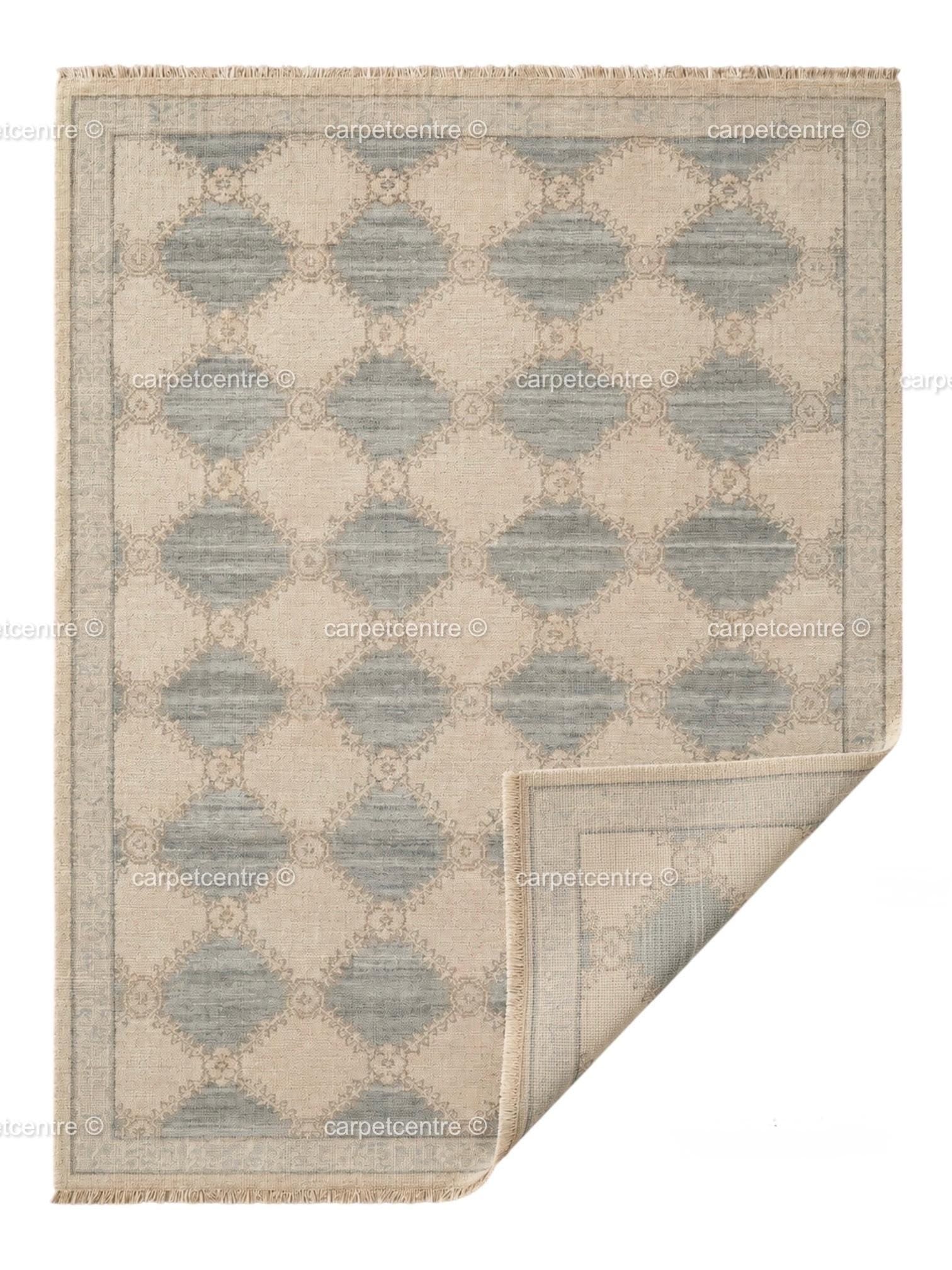 Muted Blue Oushak Rug, Hand-Knotted Wool Geometric Diamond Area Rug