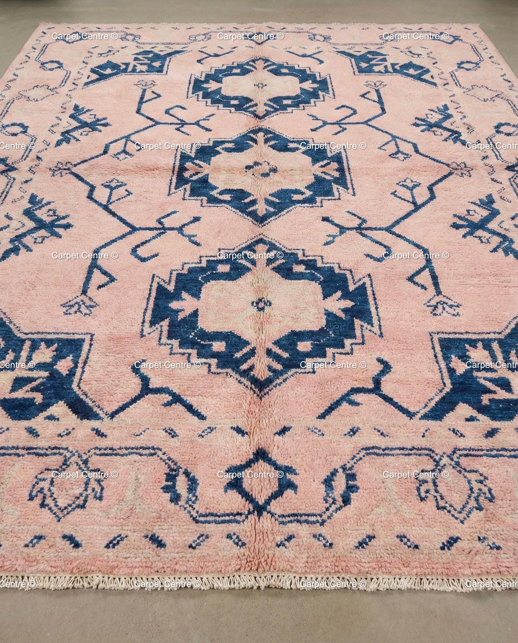 Blush Pink Wool Oushak Rug, Navy Geometric Medallion, Handmade Turkish Knot