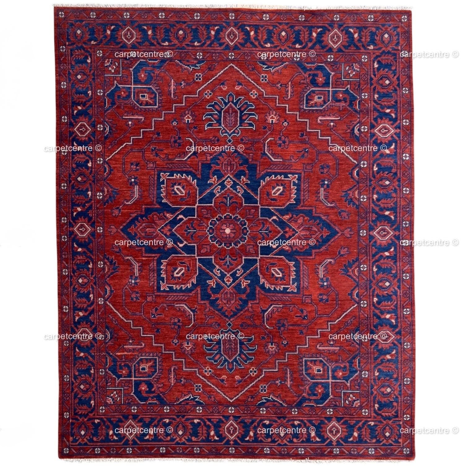 Dark Red Oushak Rug, Navy Blue Heriz Medallion, Hand Knotted 8x10 9x12 Wool Area Rug, Vintage Persian Style, Burgundy Living Room Carpet
