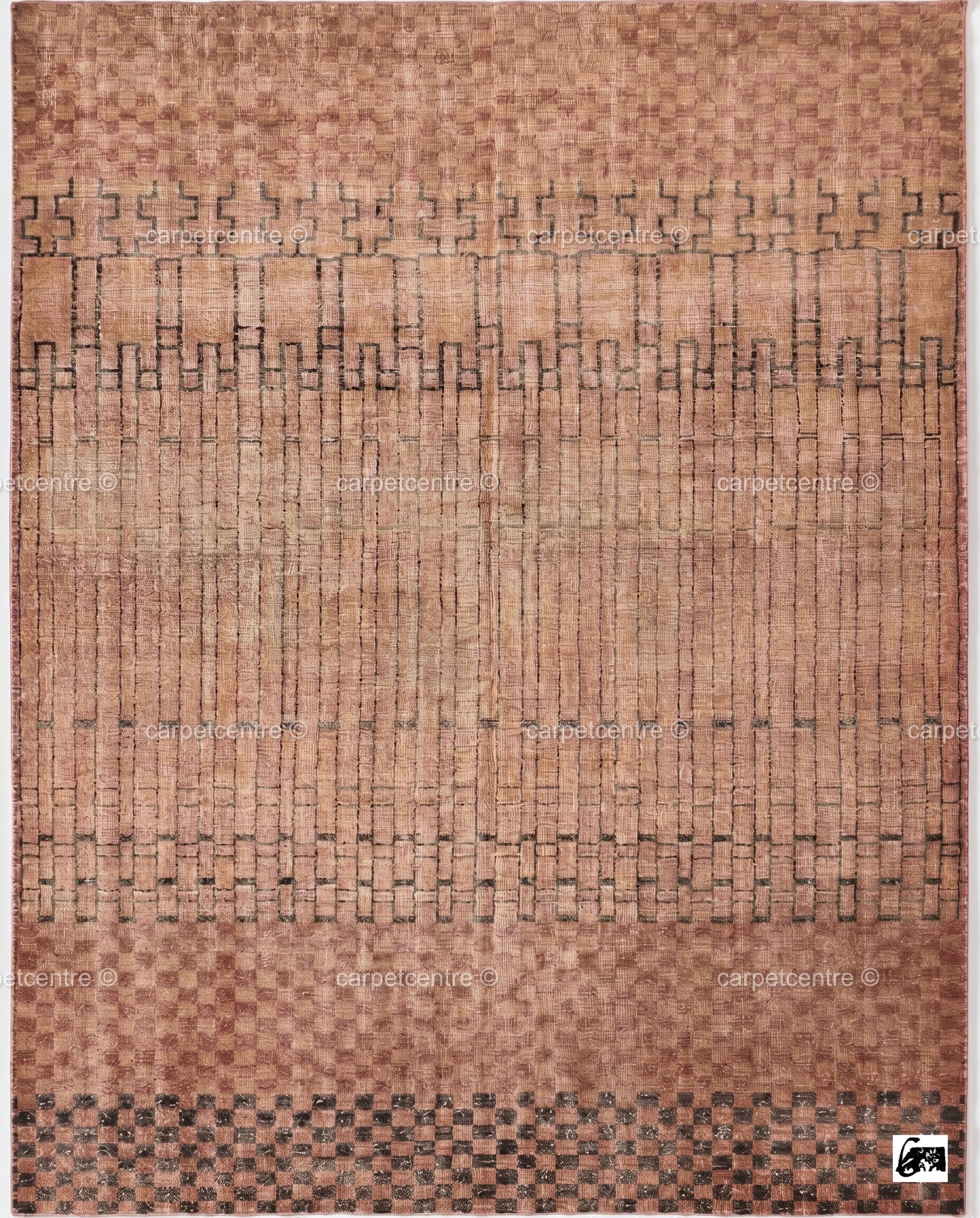 Terracotta Grid Oushak Rug | Rust, Blush, Sand, Charcoal | Hand-Knotted Wool Carpet