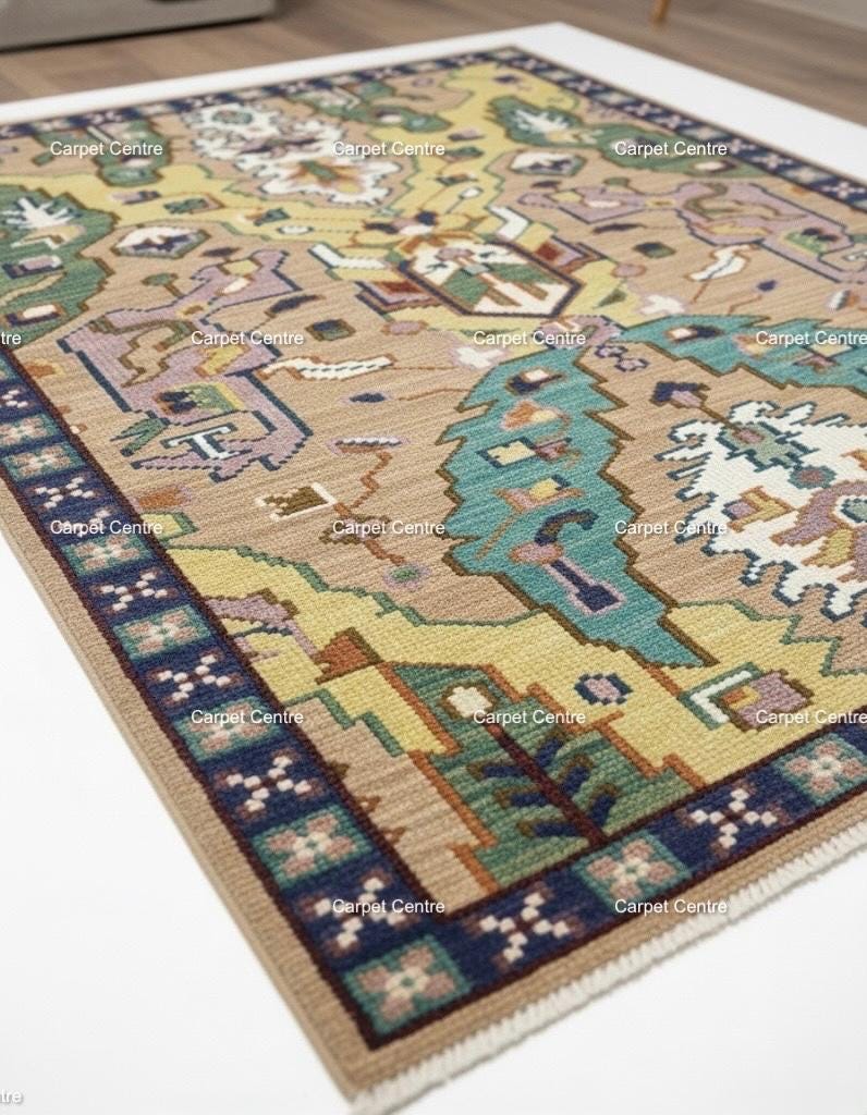 Hand-Knotted Oushak Wool Rug, Teal & Tan Geometric Kilim Design